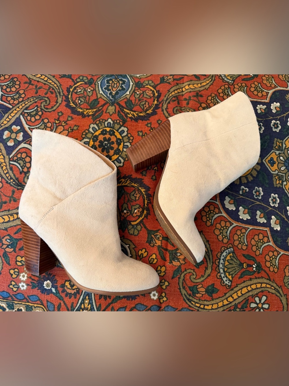 Joe's Jeans Trisha Cream Suede Stacked Heel Ankle Booties with 3.5” stacked wood